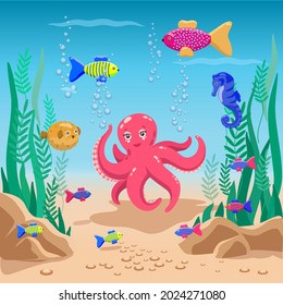 Vector illustration about the life of the underwater world in the ocean with the image of an octopus, colorful fish, seahorse, puffer fish