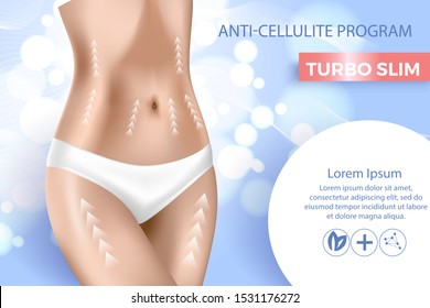 vector illustration about liposuction. Fat removal program, realistic female body slim on blue background with bokeh effect .