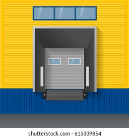 Vector illustration about logistics, transportation. Facade of modern warehouse of yellow and blue sandwich panels with airtight door gates (dock shelter).