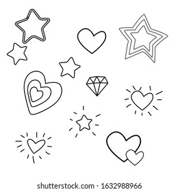 Vector illustration about love, with hearts, flowers, gifts. hand drawn isolated doodles. Love clipart doodles, San Valentine's day, hand drawn illustration, hearts