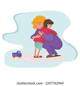 Vector illustration about the love of mom and son, about parenting and the fears of the child. Mom hugs her son.