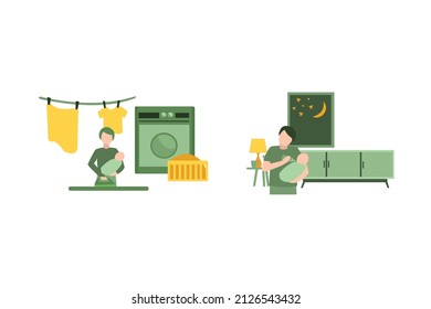Vector Illustration about Man at maternity leave flat vector illustrations. Single father with infant . Fatherhood chores, babysitting, housekeeping. Baby feeding, laundry and bedtime story reading.