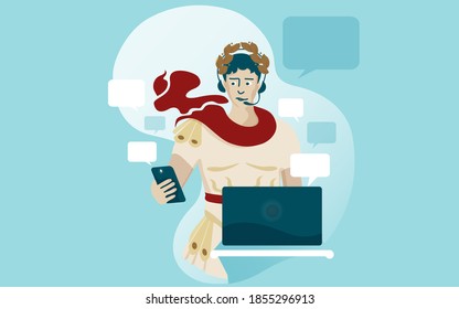 Vector illustration about management, multitasking, scattered attention, Male office worker, Caesar in a laurel wreath and red cloak with a mobile phone and laptop.