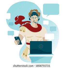 Vector illustration about management, multitasking, scattered attention, Male office worker, Caesar in a laurel wreath and red cloak with a mobile phone and laptop.