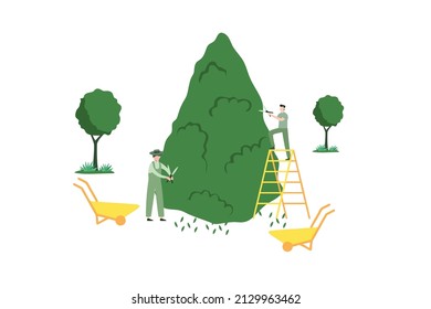 Vector illustration about Miniature People Trimming Tree. Gardener Working. Isometric vector flat graphic illustration