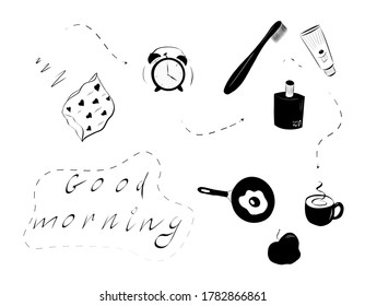 Vector illustration about morning in doodle style. Hand-drawn. Good morning text.