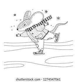 Vector illustration about a mouse in warm coat, scarf and pants is skating. Animal illustration for kids for coloring book