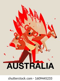 Vector illustration about natural disaster of Australia forest fire. Sad animals: cute koalas mom and baby, kangaroo with baby. Big fire flame. 