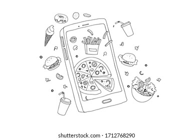 vector illustration about online food delivery. food ordering process. sketch style. remote food delivery