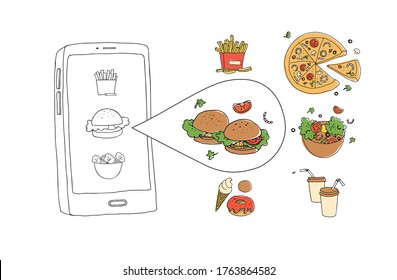 vector illustration about online food delivery. food ordering process. sketch style. remote food delivery