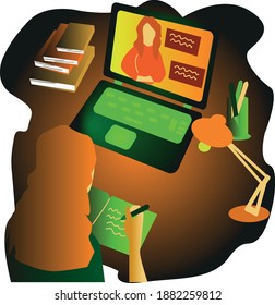 Ilustración vectorial sobre la escuela en línea. e - banner de aprendizaje, educación en línea, profesora de mujer en pantalla portátil, chica está viendo el curso en línea.