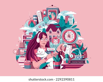 Vector illustration about the organization of recreation. A composition with a young girl listening to music, caring for flowers, stroking a cat. Illustration for websites, social media, advertising.