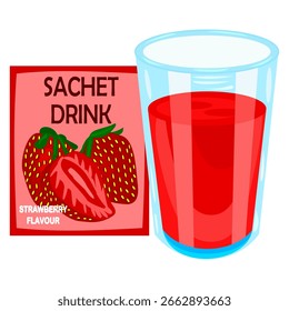 ilustração vetorial sobre a bebida embalada em saqueta com sabor de morango