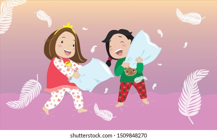 Vector illustration about a pajamas party, activity for girls fighting with pillows.