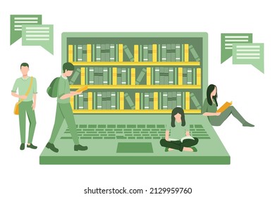 Vector Illustration about People accessing knowledge online on a virtual library on a laptop, education and e-learning concept