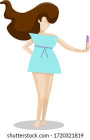 Vector illustration about pillow challenge. Girl blogger makes selfie wearing a pillow like a dress. Stay at home.