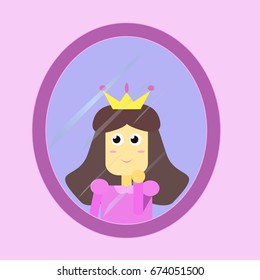 Vector illustration about pink princess who looks in the mirror.