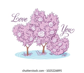 It's a vector illustration about a pink trees shaped as hearts and with white flowers.