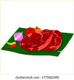 vector illustration about raw beef and some vegetables on the banana leaf. in food microbiology sector, beef is one of food that is easy to be attacked by bacteria.