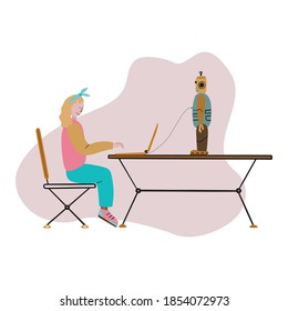 Vector illustration about Robotics engineering. Education in the  robotics school, rest in the camp. Smart Girl program the robot by laptop