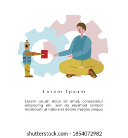 Vector illustration about Robotics engineering. Education in the  robotics school, rest in the camp. Boy get knowledge from robot. Flat vector banner template for veb, brochure