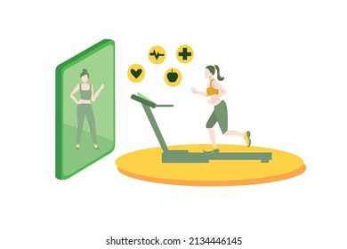Vector illustration about Running simulator. Isometric training online, woman in sportswear running on a treadmill. Fitness and Health icons. Running machine or track. flat design for website, banner