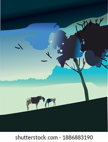 Vector illustration about 
silhouette two horses and tree