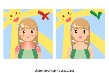 Vector illustration about skin sun protection in flat style. Before and after.