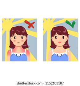 Vector illustration about skin sun protection in flat style. Before and after.