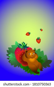 Vector illustration about a small funny bear cub lying on a strawberry berry.