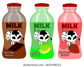 ilustração vetorial sobre algumas variantes de sabor do leite engarrafado comercial.