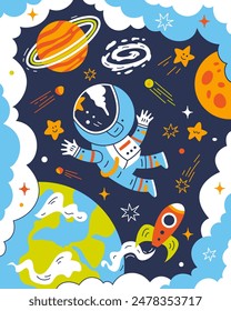 Vector illustration about space. Astronaut, sky, galaxy, planets, stars, cosmos