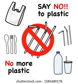 Vector illustration about stop plastic pollution concept. Sush as plastic bag, straws, bottle, cup, utensils. Sign no in red color with straws inside. Text say no to plastic and no more plastic.
