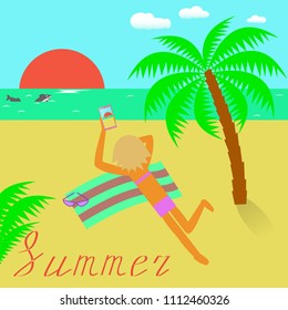Vector illustration about summer. Summer vacation at sea. Girl on the beach with a mobile phone in flat style