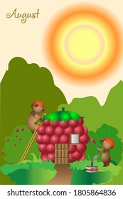 Ilustración vectorial de los osos de Teddy que construyen una casa a partir de frambuesas.
