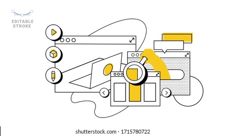 Vector illustration about telwork. . Vector illustration about telwork. Outline minimalism set