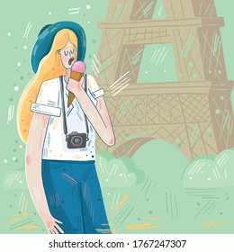 vector illustration about tourism. Tourist photographer in France against the backdrop of the Eiffel tower. Girl eats ice cream. Summer bright card