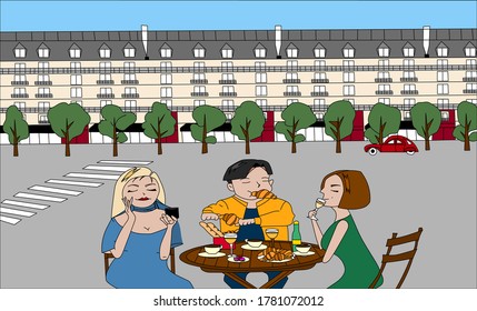 Una ilustración vectorial de turistas almorzando en París, Francia. Niño comiendo un cruasán. Niña bebiendo vino en París. 