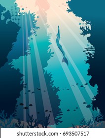 Vector illustration about underwater sport. Silhouette of free diver in monofin and walls of coral reef on a blue sea background. 