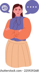 Vector illustration about upset and mad young woman or girl wih disappointed and dissatisfied expression with arm crossed gesture