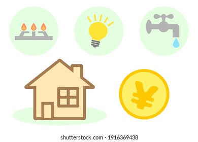 Vector illustration about utility bills. Light bulb, gas stove, faucet. House and Japanese yen coins.