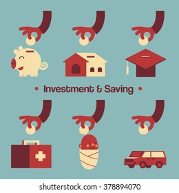 Vector Illustration about Various Investment & Saving Present by Hands and Elements. 