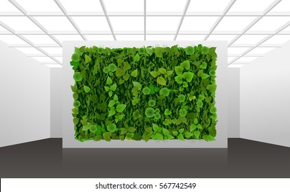 Vector illustration about vertical landscaping of walls in office and home. White modern abstract interior with green wall overgrown with plants.   