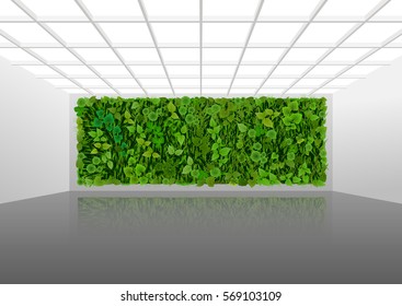 Vector illustration about vertical landscaping of walls in office and  home. White modern interior with green wall overgrown with plants.