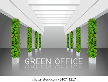 Vector illustration about vertical landscaping of walls in office and home. White modern interior with green columns overgrown with plants.