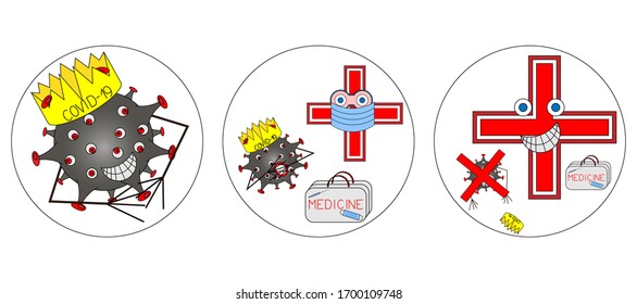 Ilustración vectorial de la victoria de Medicina sobre el coronavirus Covid-19 en forma de cómic. Para ser usado como pegatina motivacional, fondo positivo.