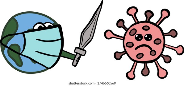 Vector illustration about virus covid-19 planet fights with sward against virus.