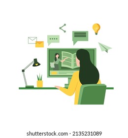 Vector Illustration about Web courses or tutorials concept. Modern workplace, woman teacher on desktop screen, woman watching online course. Online education, home schooling. Education flat design