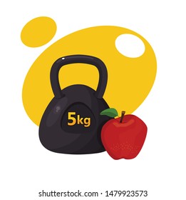 vector illustration about weight loss with kettlebell and apple