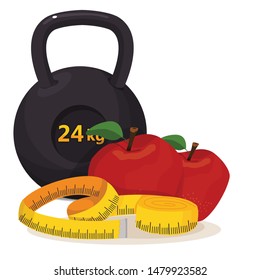vector illustration about weight loss with kettlebell and apple